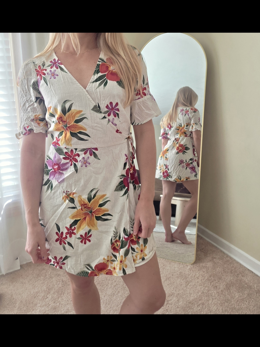 Floral Wrap Mini Dress - White with Yellow, Red & Pink Flowers